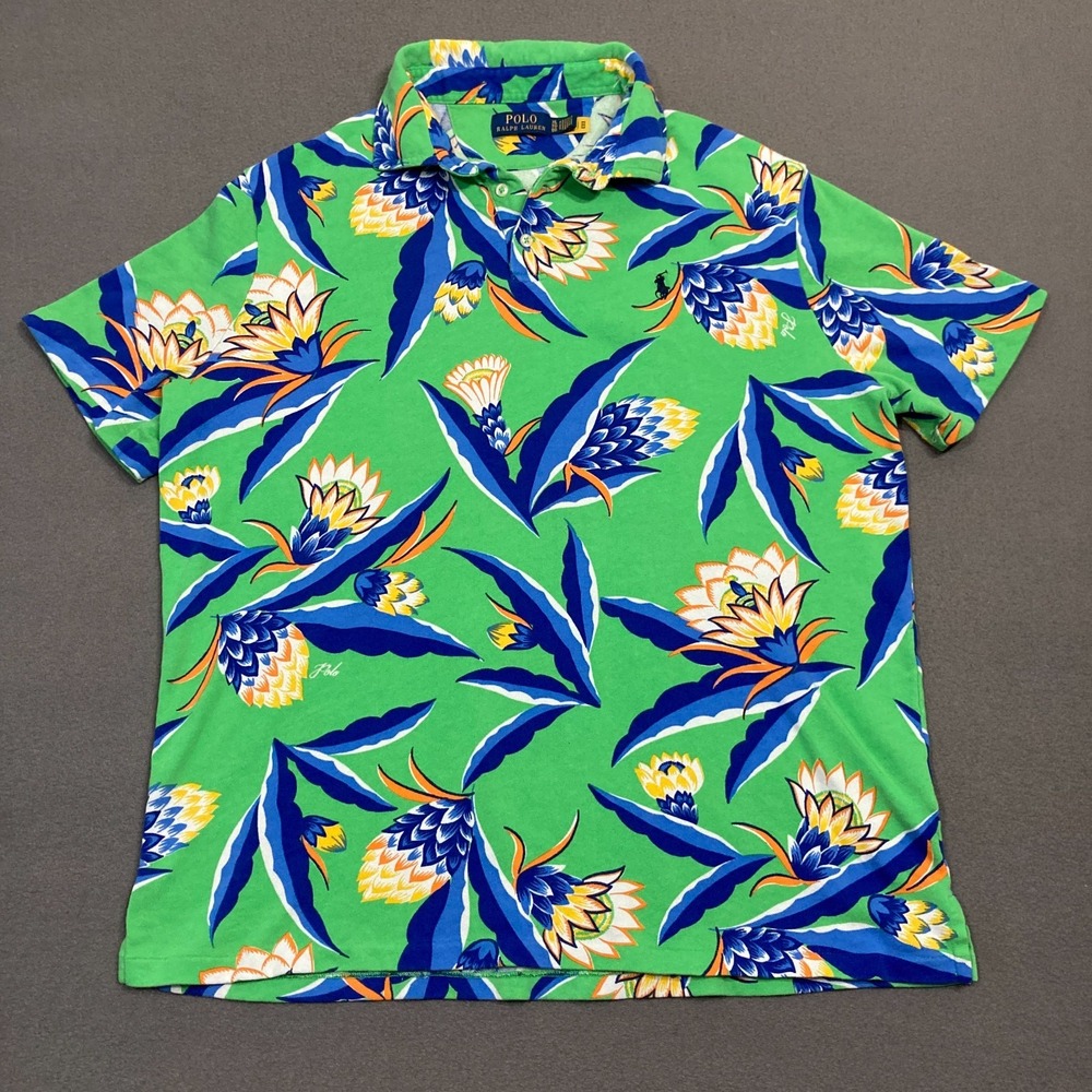 Polo‎ Ralph Lauren Men's XL Green Polo Shirt Floral Print Spa Terry Multicolour